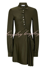 Marvis Button-embellished Long Sleeve Asymmetrical Drape Shirt Midi Dress