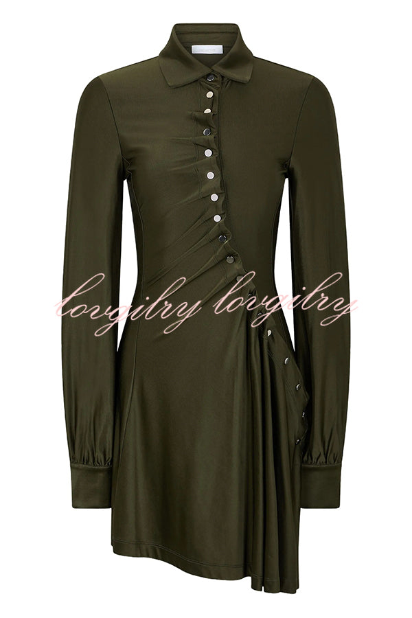 Marvis Button-embellished Long Sleeve Asymmetrical Drape Shirt Midi Dress