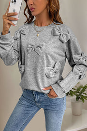 Solid Color Bow Embellished Casual Long-sleeved Loose Sweatshirt