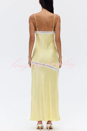 Sweet Trend Satin Lace Trim V-neck Slit Slip Maxi Dress