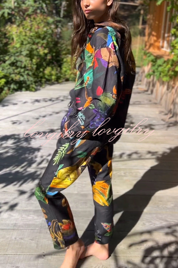 Unique Print Lapel Long Sleeve Loose Shirt and Elastic Waist Pocket Wide Leg Pants Set