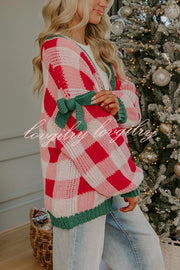 Holiday Cozy Checkered Knit Color-blocked Plaid Bow Long-sleeved Cardigan