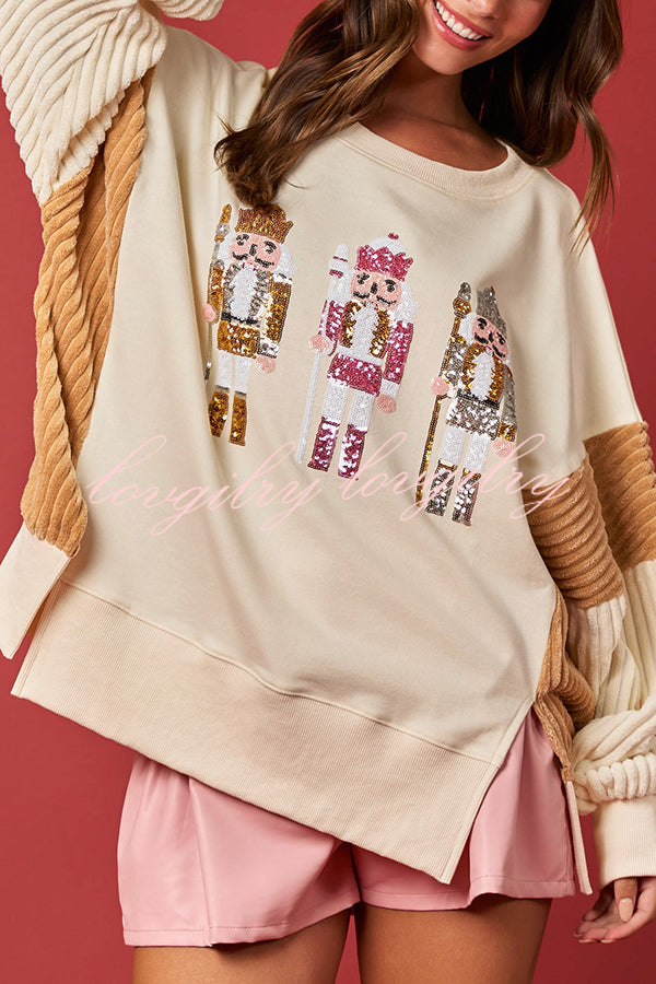 Christmas Nutcracker Sequined Patchwork Sleeve Color Block Sweatshirt