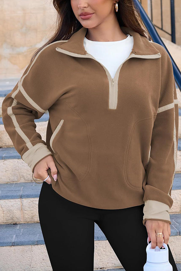 Stylish Color-blocked Trim Loose Casual Pocket Sweatshirt