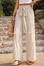 Rustic Patchwork Lace Up Pleated Wide Leg Pants