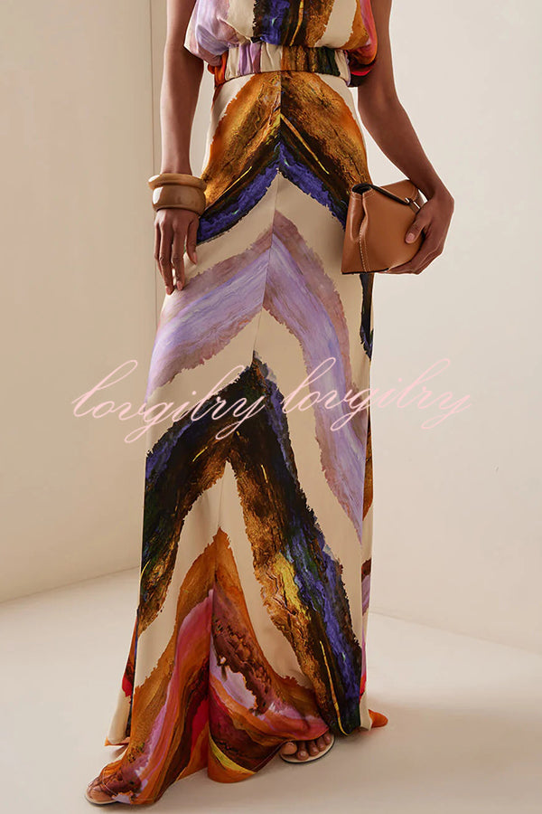 Unique Print Sleeveless Stretch Stand Collar Top and Elegant Maxi Skirt Set