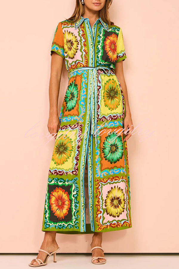 Exaggerated Unique Print Lace Up Button Maxi Dress