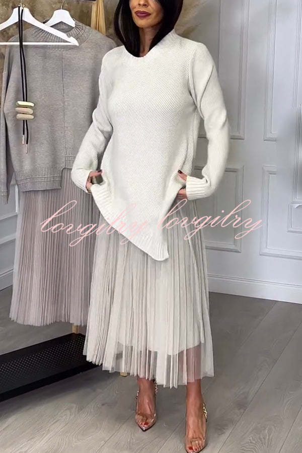 Jensine Ribbed Knit Long Sleeve Irregular Hem Loose Sweater