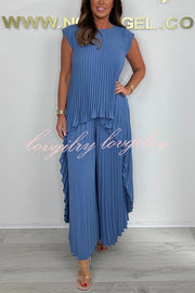 Laney Pleated Short Sleeve Irregular Midi Top and Elastic Waist Wide Leg Pants Set