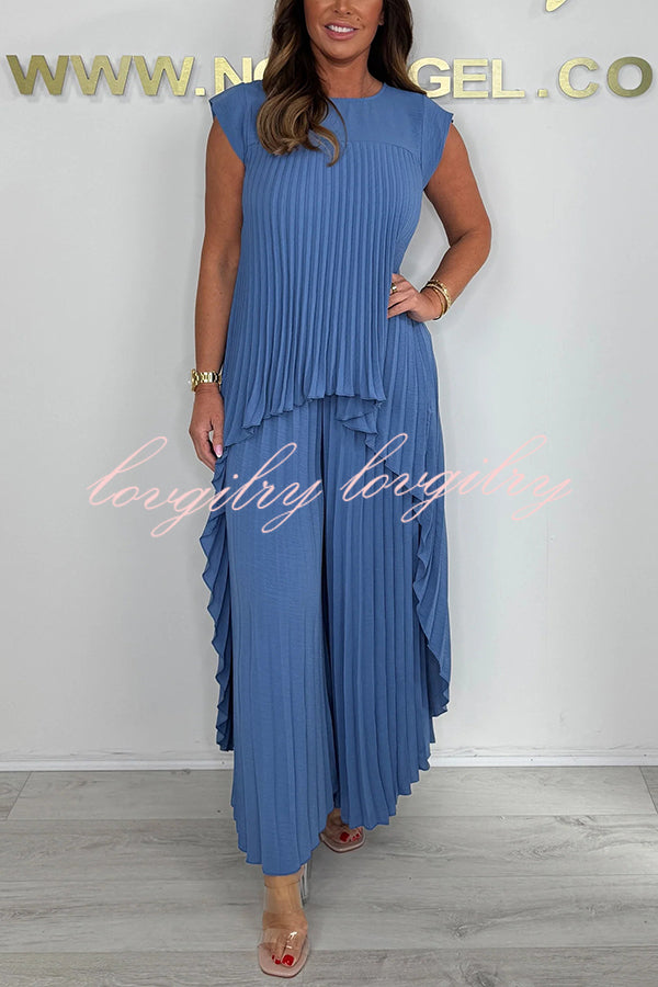 Laney Pleated Short Sleeve Irregular Midi Top and Elastic Waist Wide Leg Pants Set