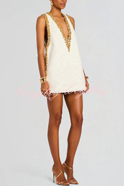Cocktail Charm Sequin Colorblock Trim V-neck Sleeveless A-line Mini Dress