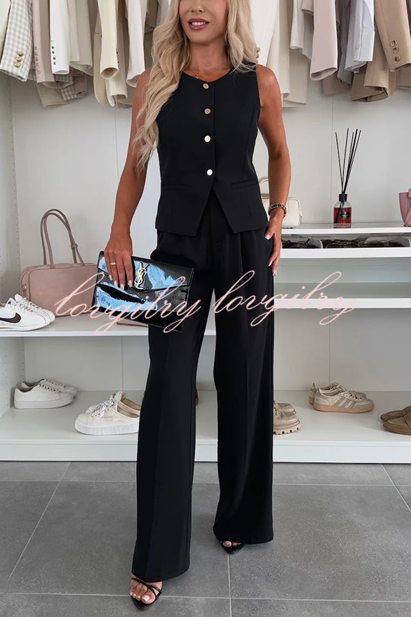 Workplace Chic Sleeveless Button Vest and Relaxed Pocket Wide Leg Pants Set
