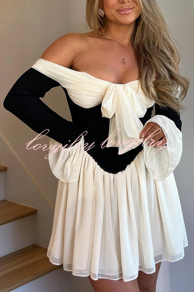 Dreamy Off Shoulder Color Block Bow Long Sleeve Mini Dress