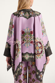 Satin Unique Print Loose Batwing Sleeve Top and Elastic Waist Pocket Casual Wide-leg Pants Set