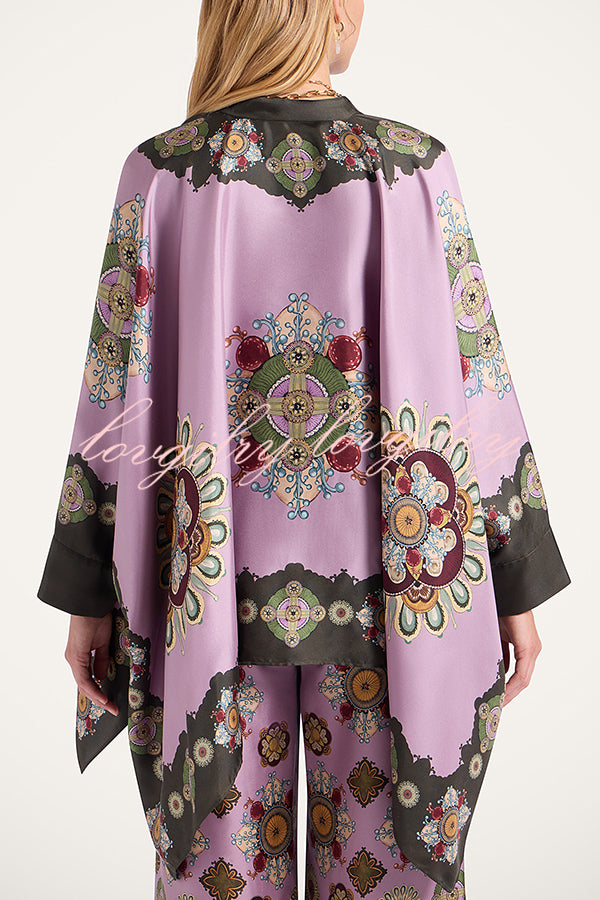 Satin Unique Print Loose Batwing Sleeve Top and Elastic Waist Pocket Casual Wide-leg Pants Set