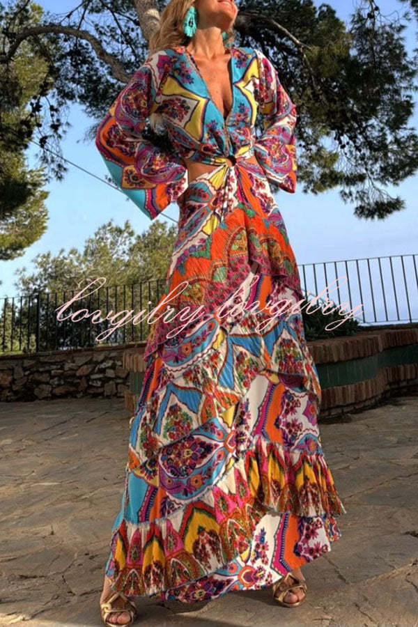 Colorful Day Unique Print Bell Sleeve Cutout Waist Layered Maxi Dress