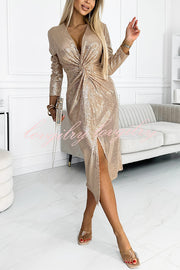 Coralia Sequin V-neck Long Sleeve Twist Waist Front Slit Midi Dress