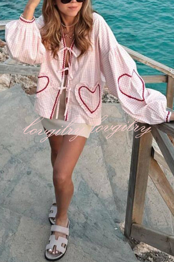 Lovely Plaid Heart Pattern Casual Lace-up Pocket Loose Shirt