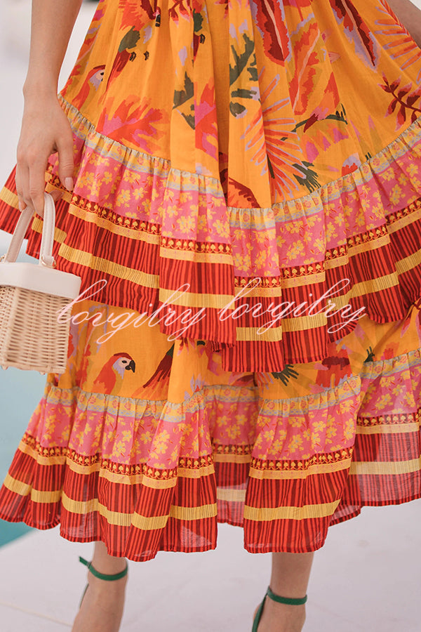 Tropical Sunset Unique Print Pleated Tie-up Straps Tiered Midi Dress