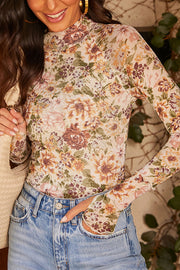 Floral Print Long-sleeved Stand-up Collar Casual Slim-fit Top