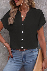 Solid Color Jacquard V-Neck Button Casual Shirt
