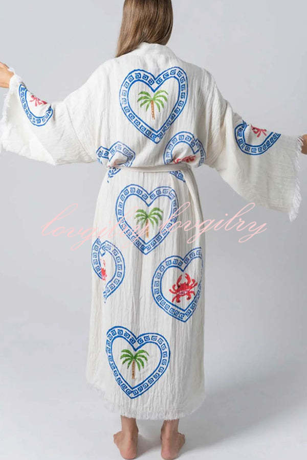 Maia Linen Blend Unique Print Belt Swimwear / Lounge Cover-up Robe