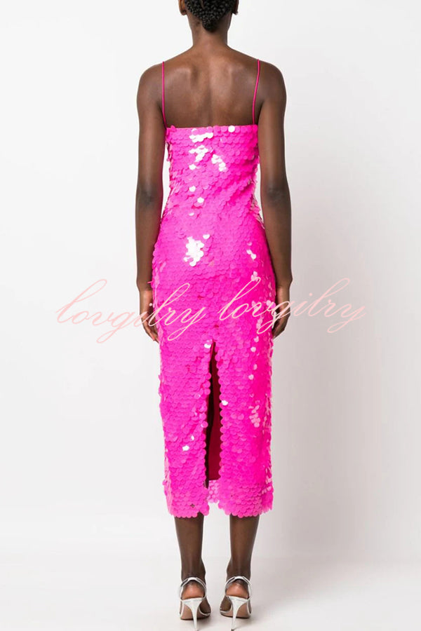 Glamour Glow Sequin Spaghetti Strap Birthday Party Midi Dresses