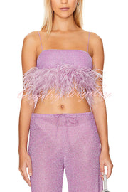 Music Carnival Glitter Stretch Fabric Feather Trim Tank and Elastic Waisted Flared Pants Set