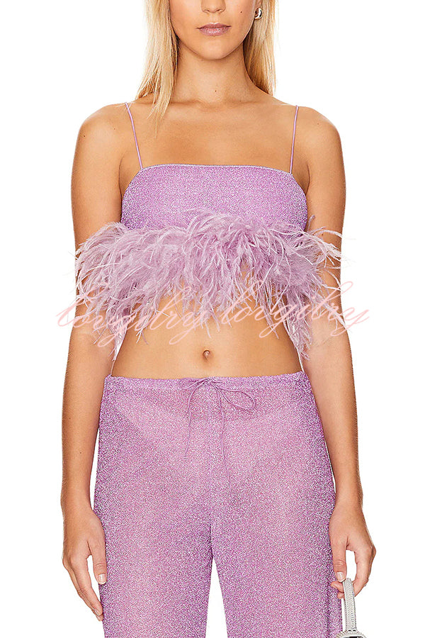 Music Carnival Glitter Stretch Fabric Feather Trim Tank and Elastic Waisted Flared Pants Set