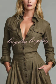 Linen Blend Lapel Pocket Single-breasted Shirt-style Casual Maxi Dress
