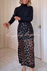 Gorgeous Flower Embellished Sequin Sheer High Rise Slit Midi Skirt