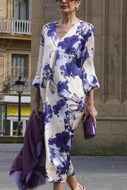 Satin Floral Print V-neck Casual Midi Dress