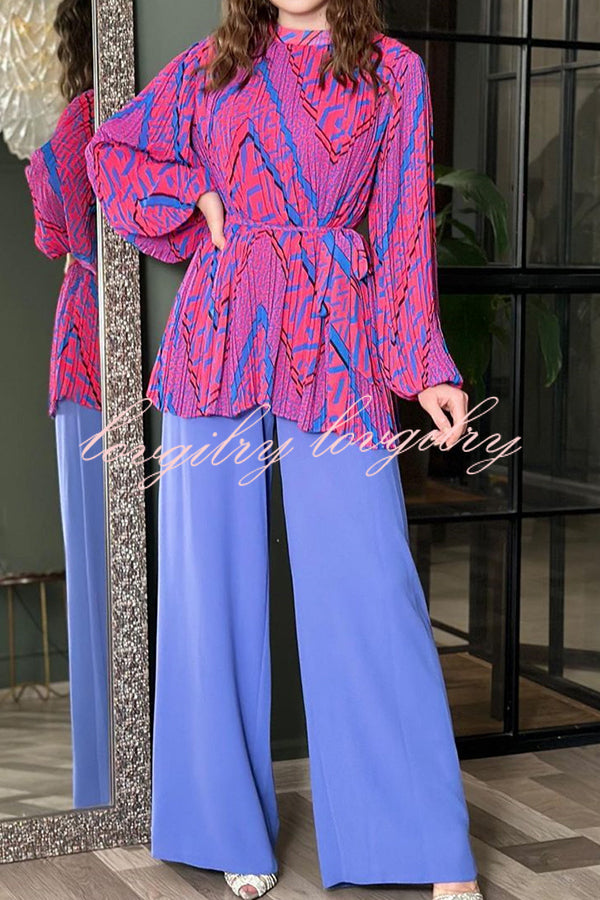 Unique Printed Puff Sleeve Pleated Loose Top and Casual Wide-leg Pants Set