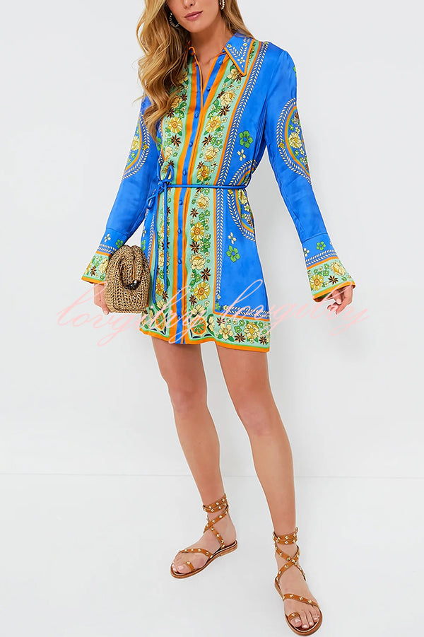 Katia Satin Unique Print Shaped Collar Tie-up Waist Shirt Mini Dress