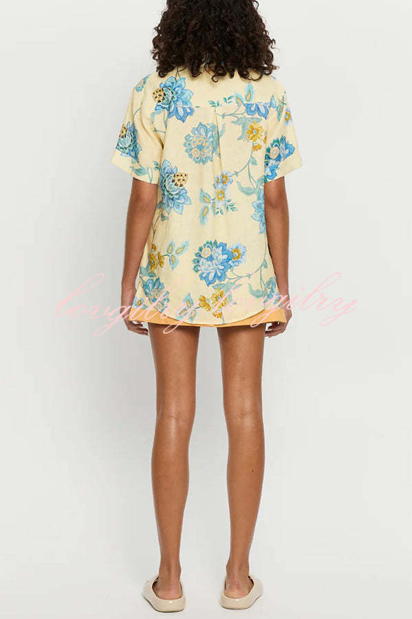 Giselle Linen Blend Floral Print Short Sleeve Shirt and Zipper Mini Skirt Set