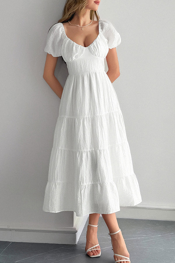 Solid Color V-neck Puff Sleeve Casual Holiday Style Midi Dress