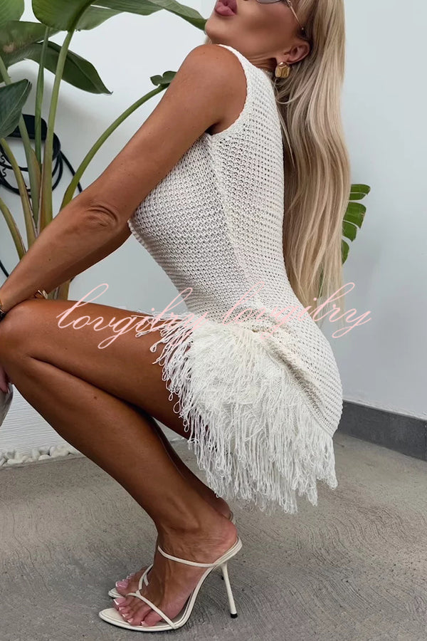 Fashion Knitted Round Neck Sleeveless Slim Fit Fringed Hem Mini Dress