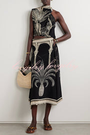 Satin Botanical Print Sleeveless Lounge Top and Midi Skirt Set