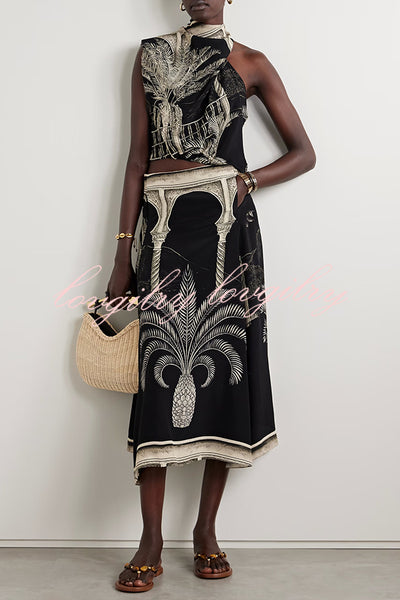 Satin Botanical Print Sleeveless Lounge Top and Midi Skirt Set