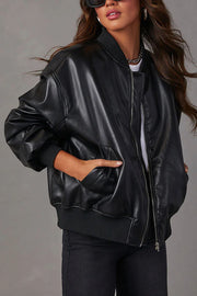 Solid Color Long Sleeve Loose Pocket Leather Jacket