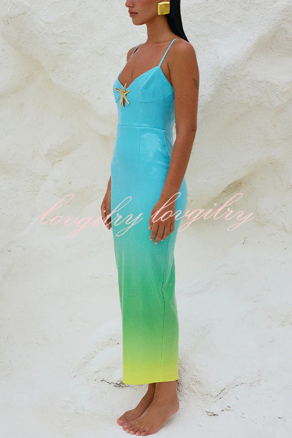 Sirene Sequin Gradient Starfish Brooch Cutout Slit Stretch Maxi Dress