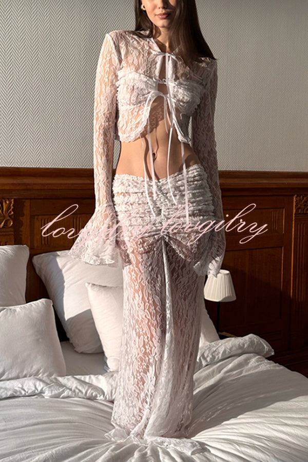 Sexy Lace Long-sleeve Lace-up Top and Pleated Sheer Maxi Skirt Set