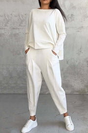 Solid Color Crew Neck Long-sleeved Irregular Loose Top and Elastic Waist Pocket Casual Pants Set