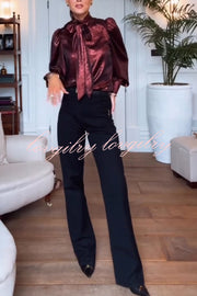 Ariella Metallic Satin Fabric Tie-up Bow Neck Long Sleeve Blouse