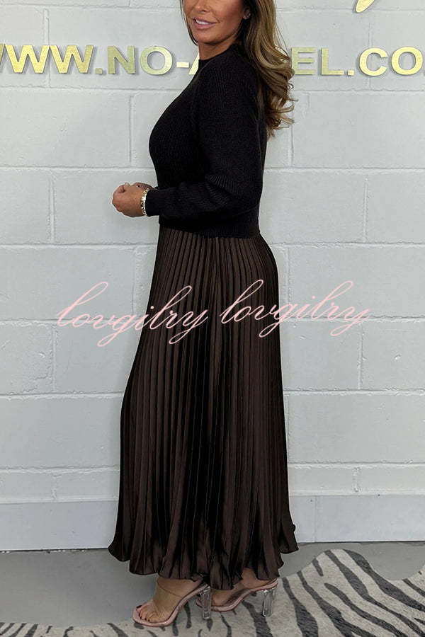 Audrey Ribbed Knit Long Sleeve Top Patchwork Satin Pleated Maxi Dress