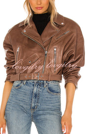 Fashion Lapel Long Sleeve Casual Zipper Pocket Leather Jacket