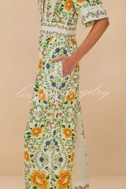 Natural Charm Linen Blend Floral  Print Short Sleeve Pocketed Wide Leg Jumpsuit