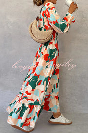 Colorful Printed V-neck Waist High Slit Ruffled Maxi Dress