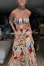 Bohemian Style Unique Print Tube Top Pleated Maxi Dress