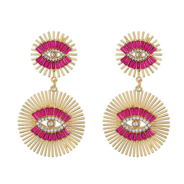 Exaggerated Devil Eye Design Earrings with Pink Rhinestones